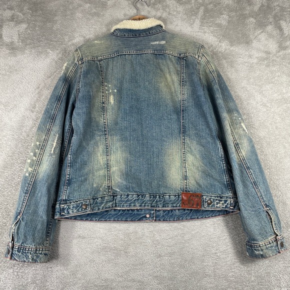 Y2K Polo Jeans Ralph Lauren Denim Jacket Womens XL Sherpa Lined Distressed 2000s - Picture 2 of 16